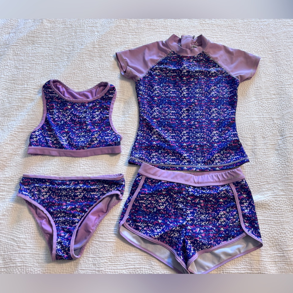Eddie Bauer Girls Reversible 4-Piece Swim Set S 7/8 Rash Guard Shorts Bikini